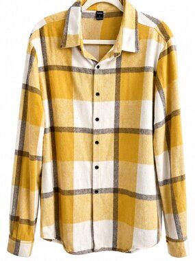 SHEIN Plaid Button Down Shirt Yellow White Size L Casual